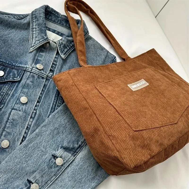 Large Capacity Shoulder Bag Trendy Corduroy Tote Bag Solid Color