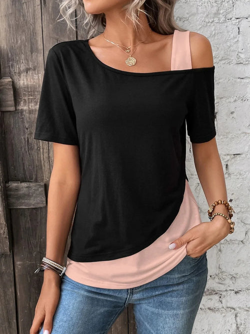 Chic Color Blocking Short Sleeved Women Solid Color Off Shoulder