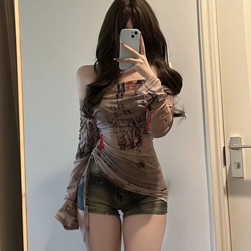 Long sleeved T-shirt spicy girl style one shoulder women's thin mesh