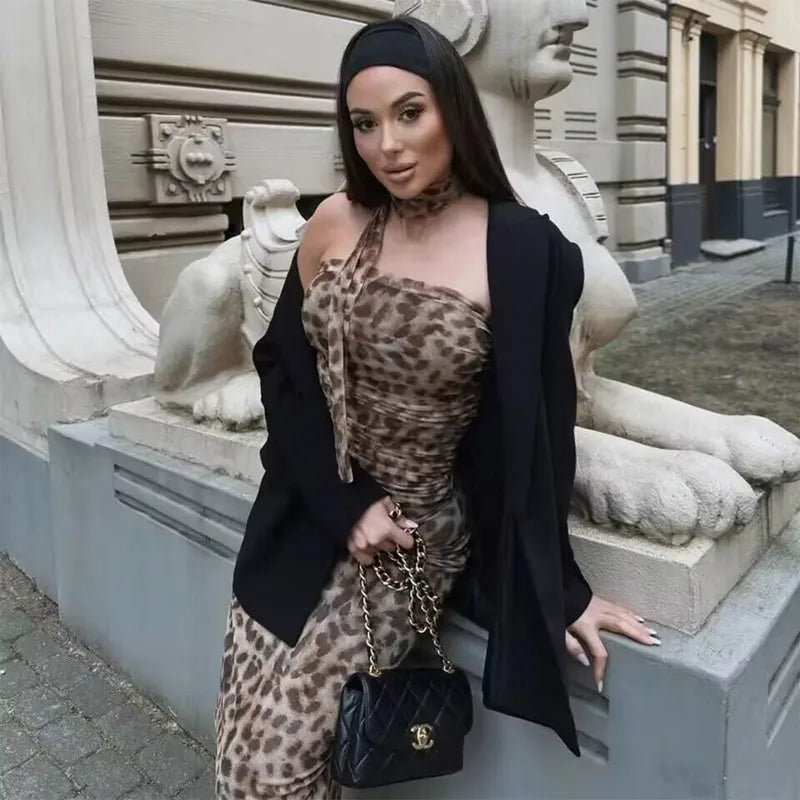 MUJER Leopard Print Crop Top Woman Ruched Tulle Corset Top Women off