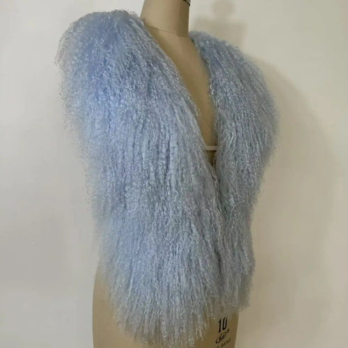 Fluffy Luxury  Real Mongolian Fur Halter Vests Women Solid Deep V-Neck
