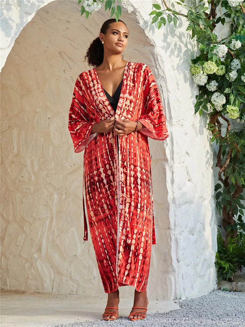 Long Kimono Swimsuit Cover up for Women Stylish Tie Dye Open Front