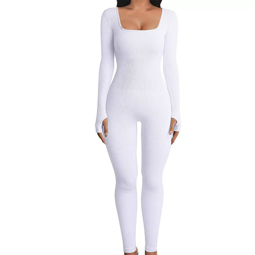 Solid Color Ribbed Yoga Jumpsuit, Seamless Slim Fit Long Sleeve Sports