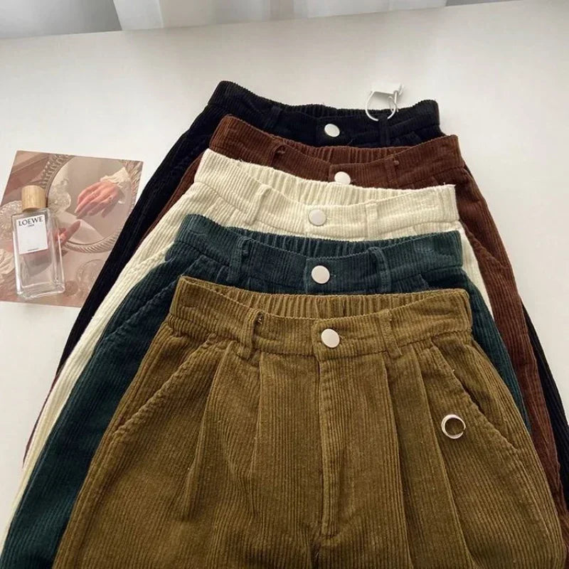 Vintage High Waist Corduroy Pants Women Spring Fall Straight Causal