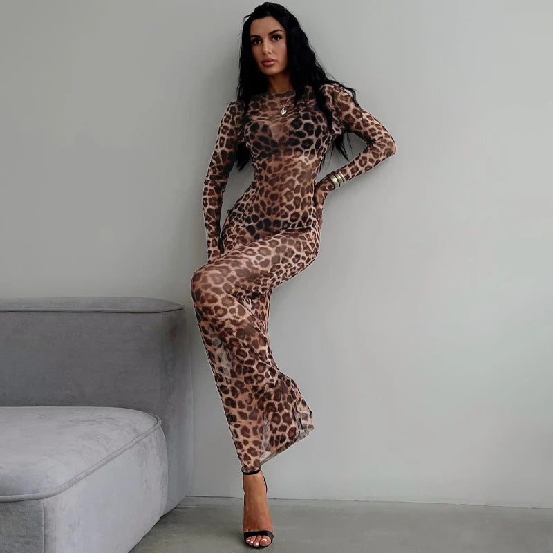 Dress Summer Women Leopard Print Mesh O Neck Long Sleeve Sexy See