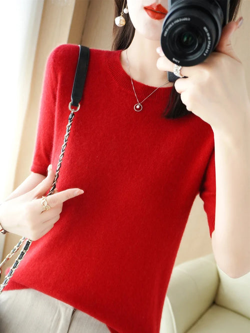 New Short-sleeved Knitwear Women O-neck T-shirt Wool Cotton Blend