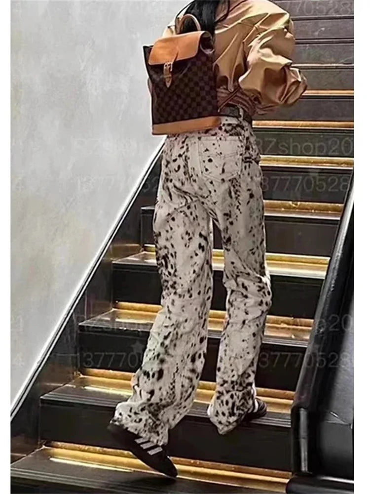 Leopard Print Straight Wide Leg Jeans Women High Waisted Retro Jeans