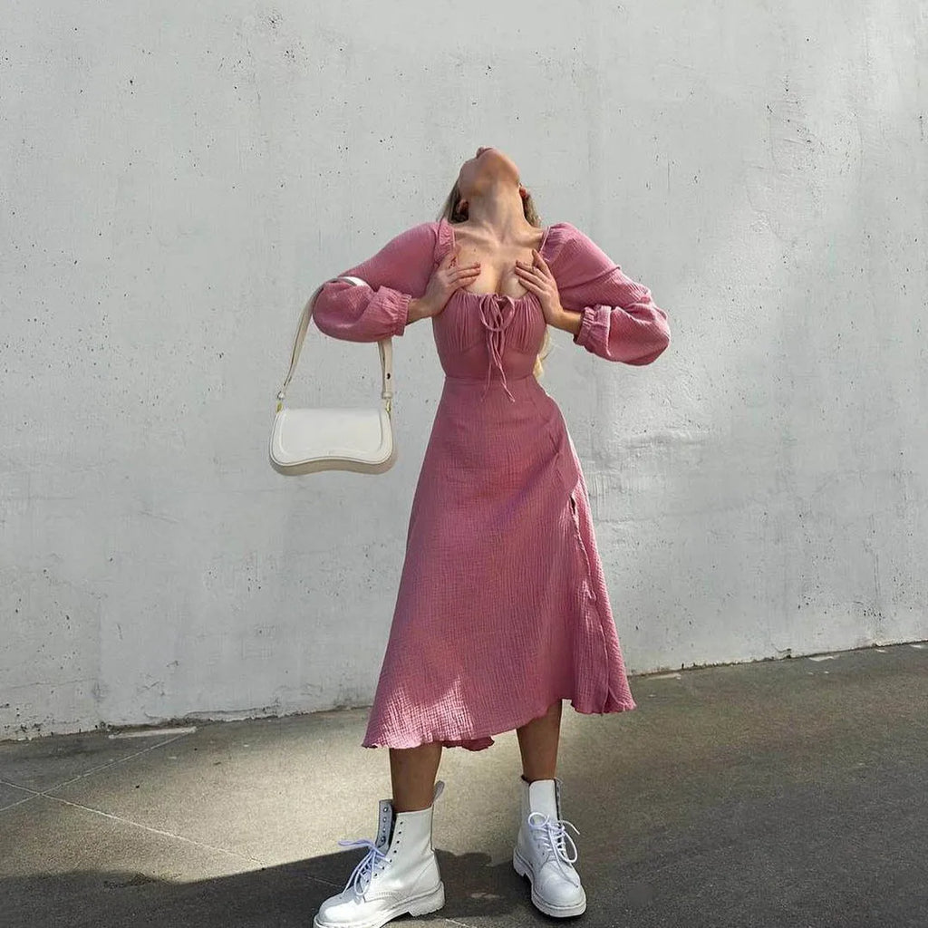 Lace-up Square Collar Sexy Dress Women Autumn Lantern Sleeve Solid