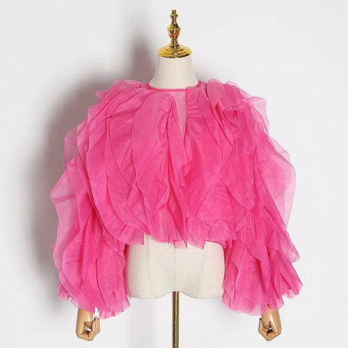 TWOTWINSTYLE Ruffles Shirts For Women O Neck Lantern Sleeve Loose