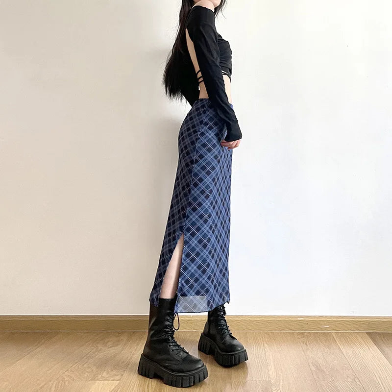 Women Spring Autumn Plaid Print Wrap Hips Skirts Fashion Ankle-Length