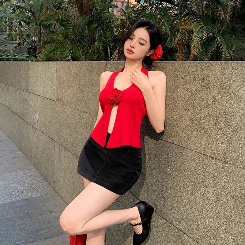 Summer Sweet Flower Knitted Camisole Women's Sexy Halter V-neck