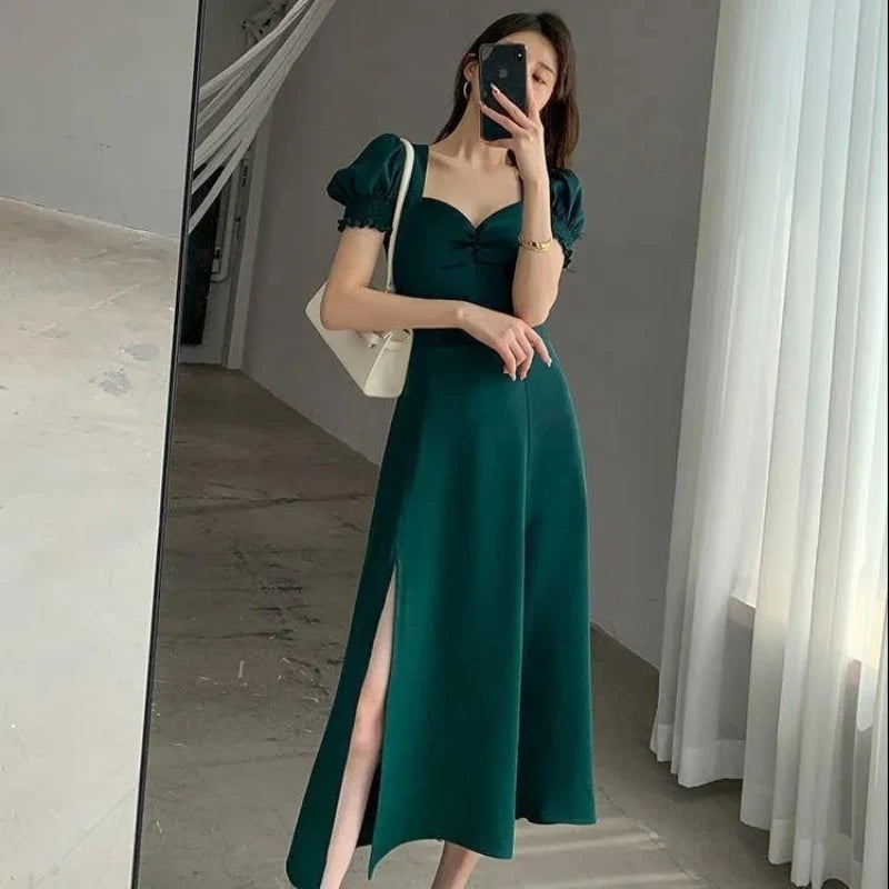 Solid Puff Short-Sleeved Elegant Slit Dress New Fashion Women V-neck