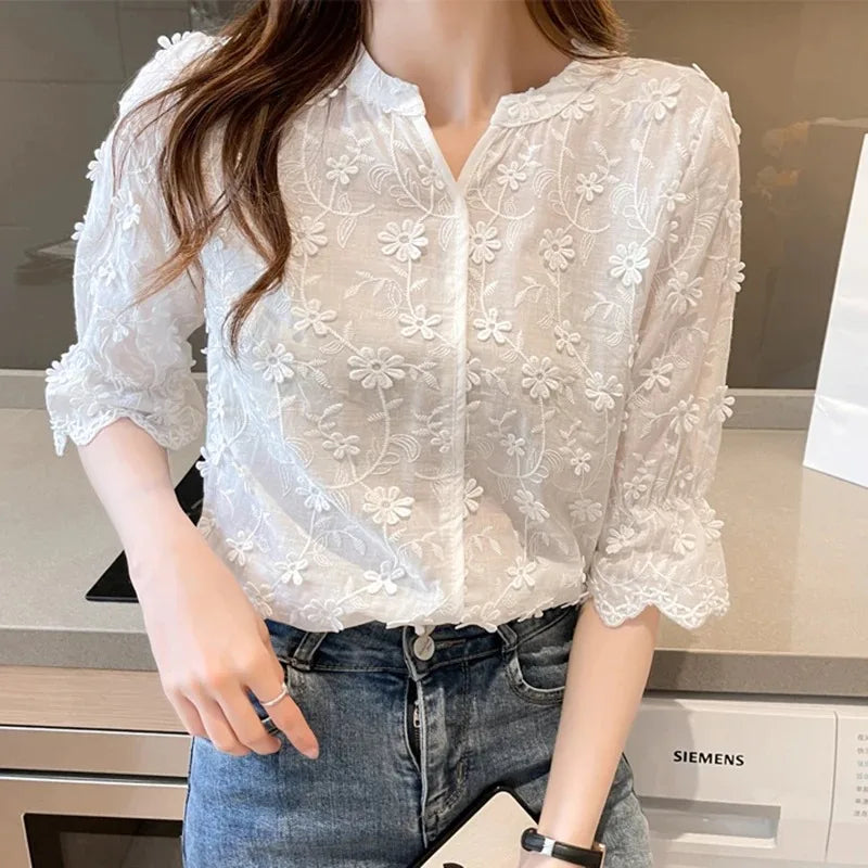 Women's Cotton Short Sleeve Lace Blouse, Summer Tops, Embroidery