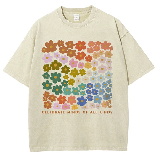 100% Color Flower Letter Print T-Shirt Loose Retro Old Shoulder Wash