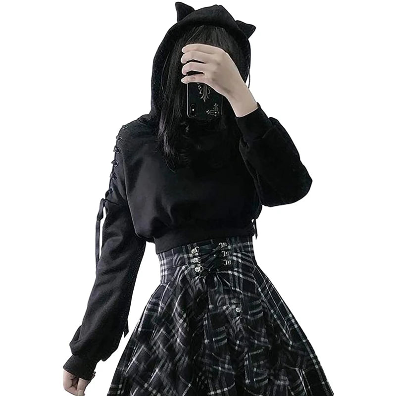 Y2k Gothic Womens Hoodie Cat Ear Crop Top Hooded Sweatshirt Hollow Out