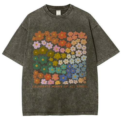 100% Color Flower Letter Print T-Shirt Loose Retro Old Shoulder Wash