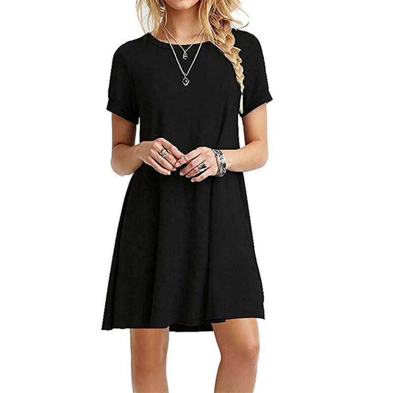 Women Mini Dress Summer Casual Boho Beach Dresses Solid Color O-Neck