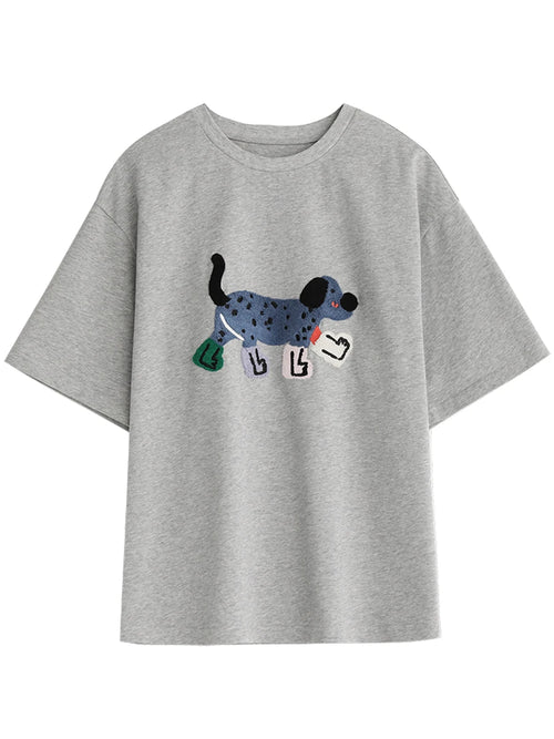 CHIC VEN Women T-Shirts Loose Streetwear Unisex Fun Dog Embroidered