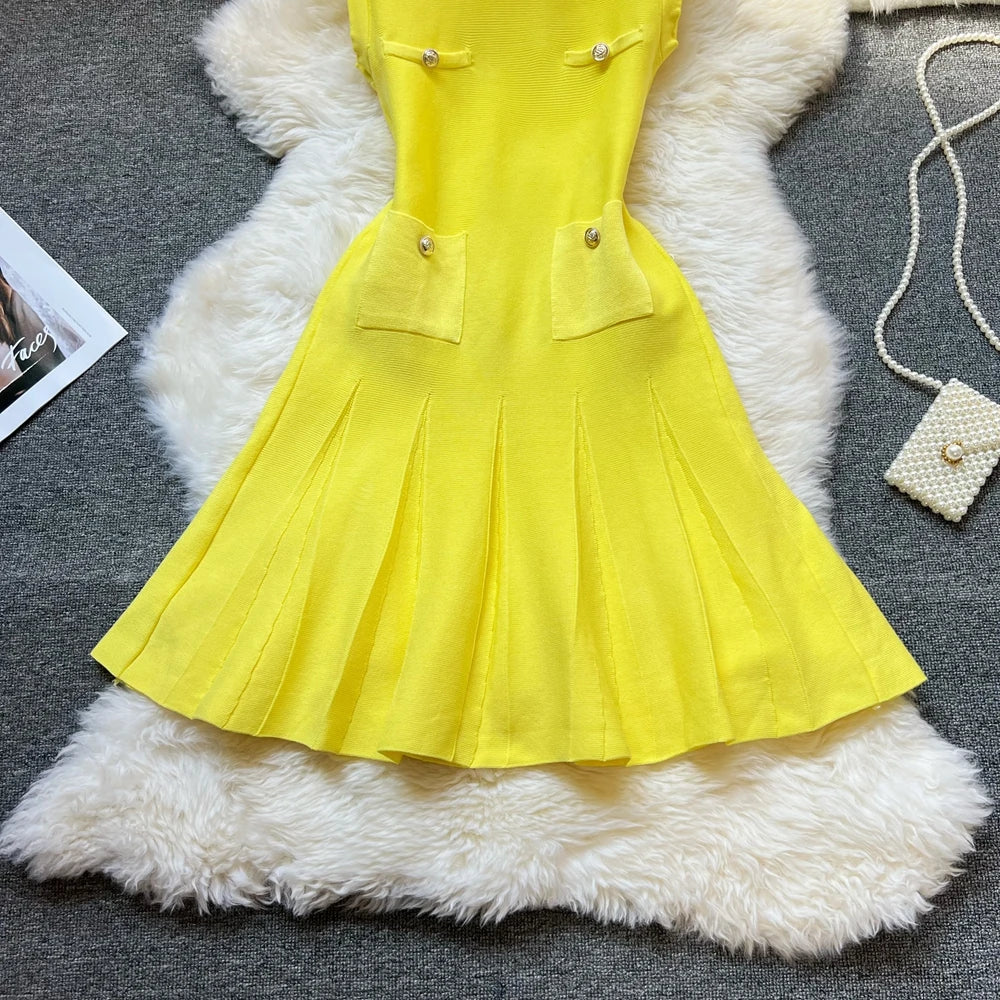 YuooMuoo Chic Fashion 2025 Summer Pleated Short Dress Women O-neck