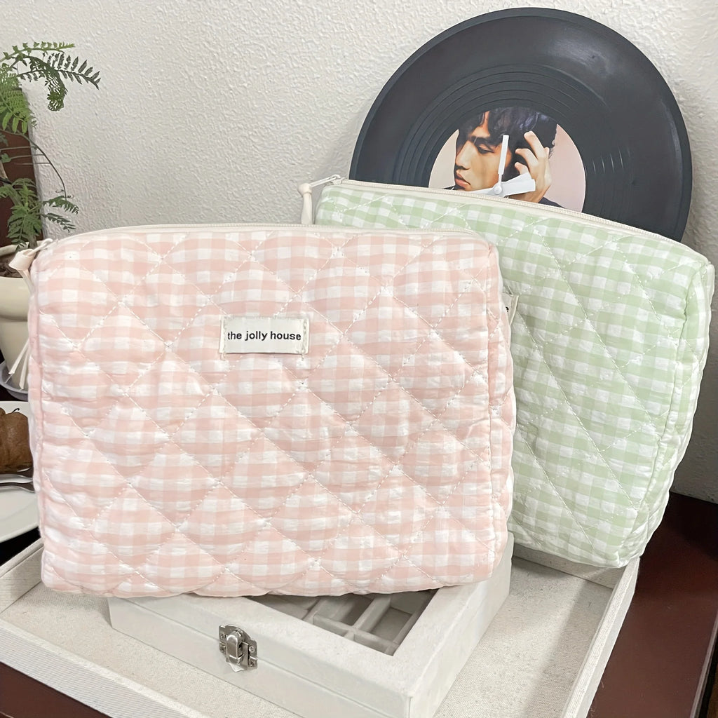 Solid Color Plaid Makeup Bag Travel Cosmetic Pouch Large Soft Cosmetic