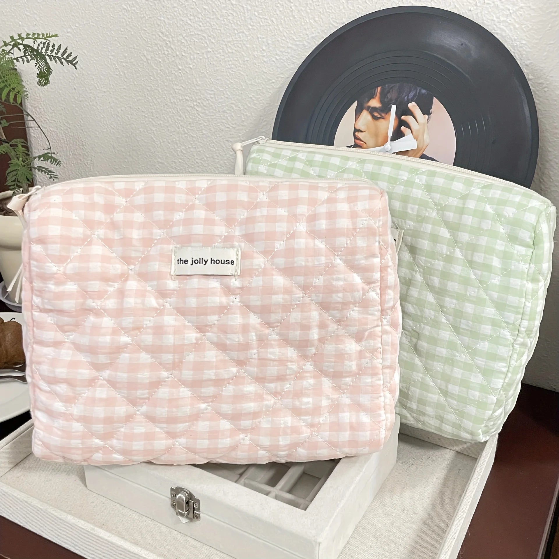 Solid Color Plaid Makeup Bag Travel Cosmetic Pouch Large Soft Cosmetic