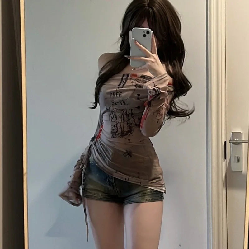 Long sleeved T-shirt spicy girl style one shoulder women's thin mesh