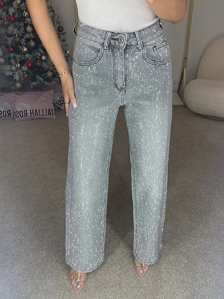 Y2k Women Shiny Rhinestone Denim Pants Wide Leg Straight Full Diamond