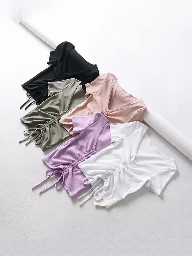 Sexy V Neck Cropped Tank Tops Women Drawstring Tie Up Front Camis