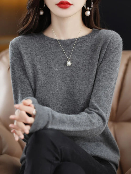 Fashion 100% Merino Wool Women's Sweater O-Neck Long Sleeve Pullover