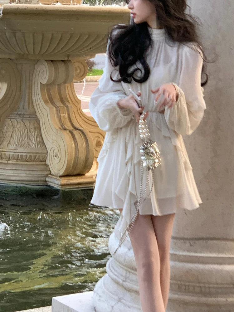 Beach Style Chiffon Y2k Mini Dress Office Lady Casual Long Sleeve