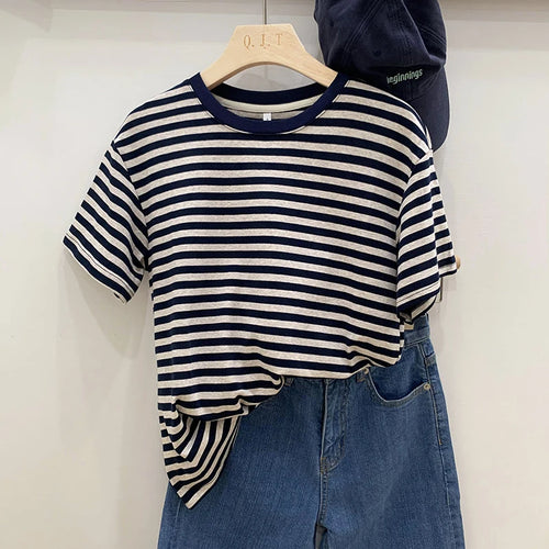 Summer Short Sleeve Striped T-Shirts Versatile Women Knitted Basic