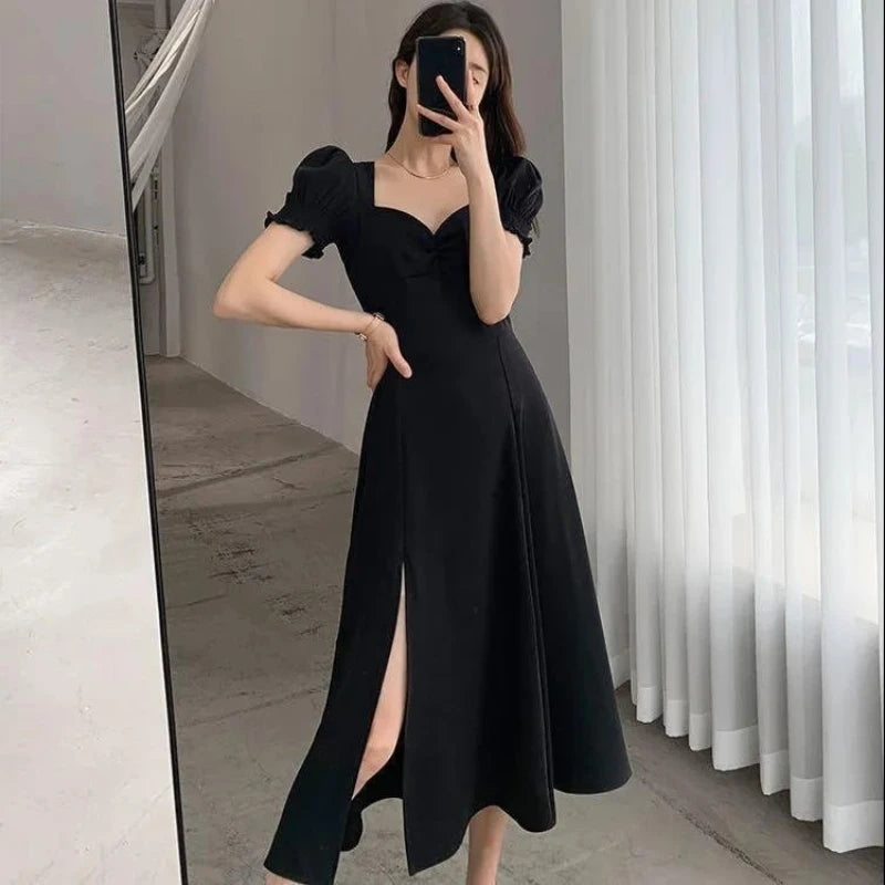 Solid Puff Short-Sleeved Elegant Slit Dress New Fashion Women V-neck