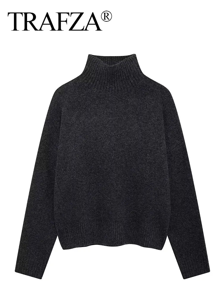 TRAFZA Women Vintage Burgundy Turtleneck Sweater Casual Long Sleeve
