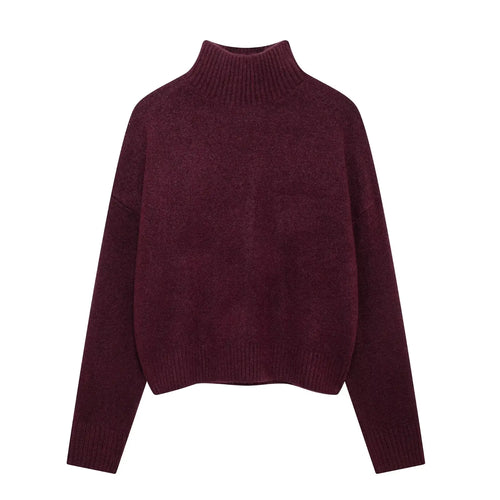 TRAFZA Women Vintage Burgundy Turtleneck Sweater Casual Long Sleeve