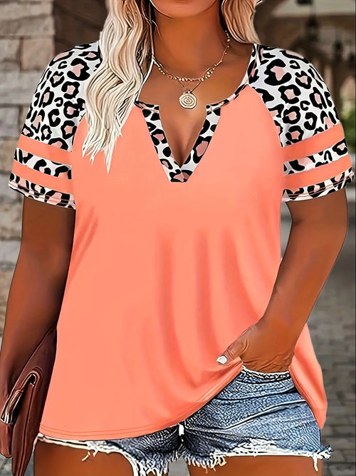 Plus Size Women's Casual Loose Fit Leopard Floral Print Short Sleeve