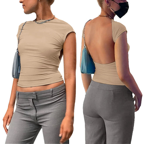 Short Sleeve Backless Tops Women Street Wear 2023 Skinny Basic Summer