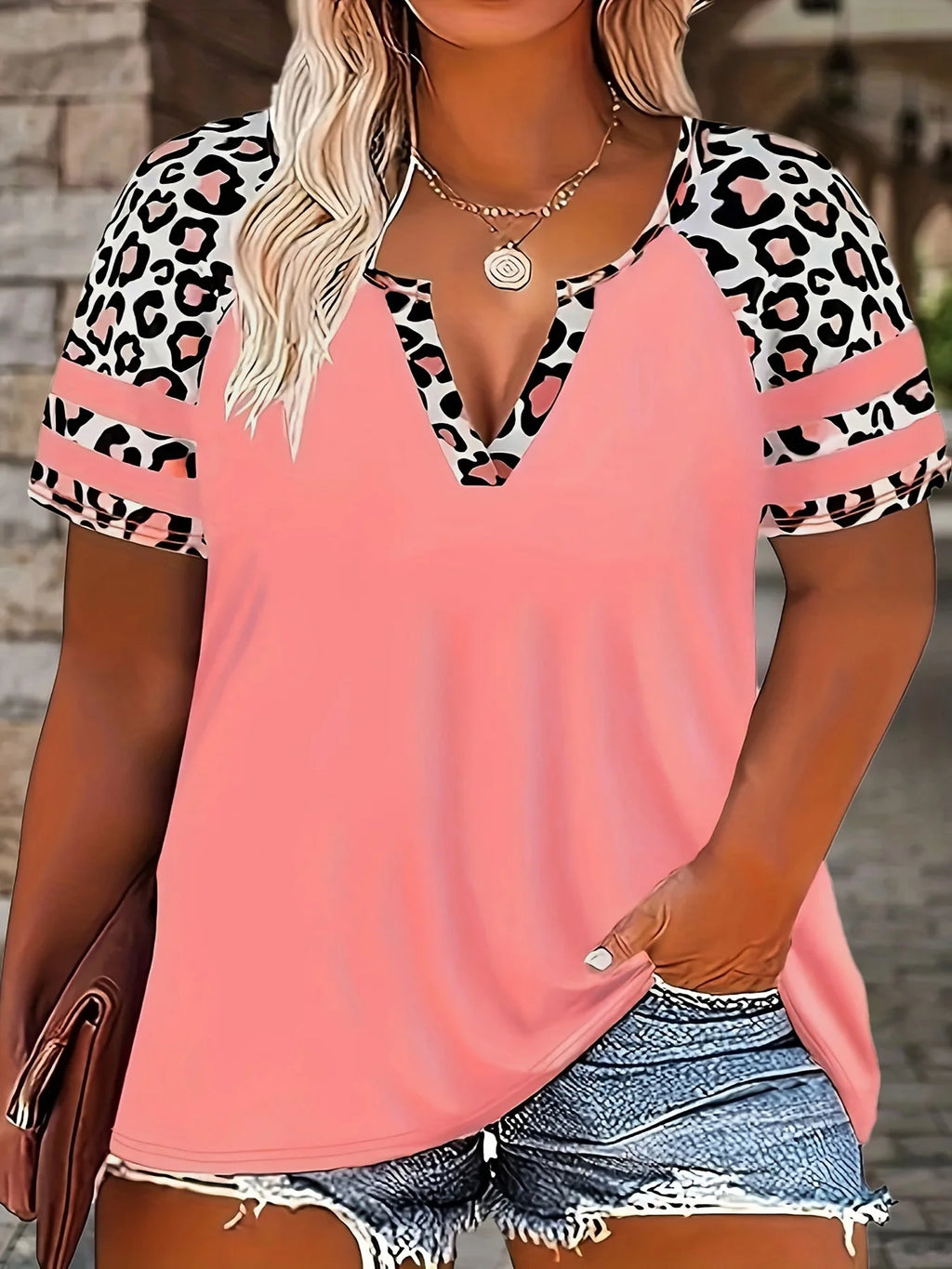 Plus Size Women's Casual Loose Fit Leopard Floral Print Short Sleeve