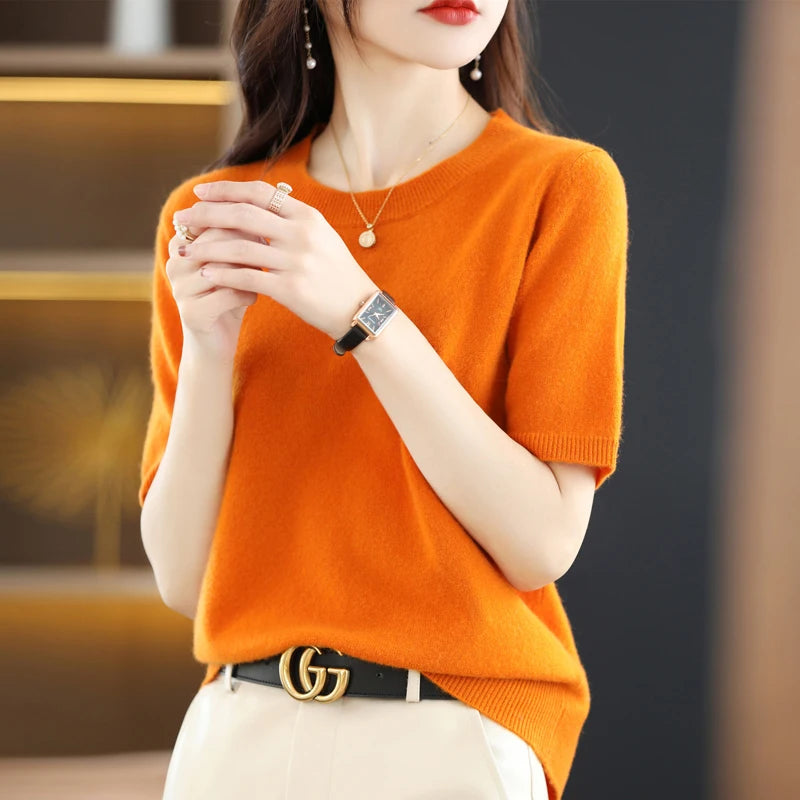 New Short-sleeved Knitwear Women O-neck T-shirt Wool Cotton Blend