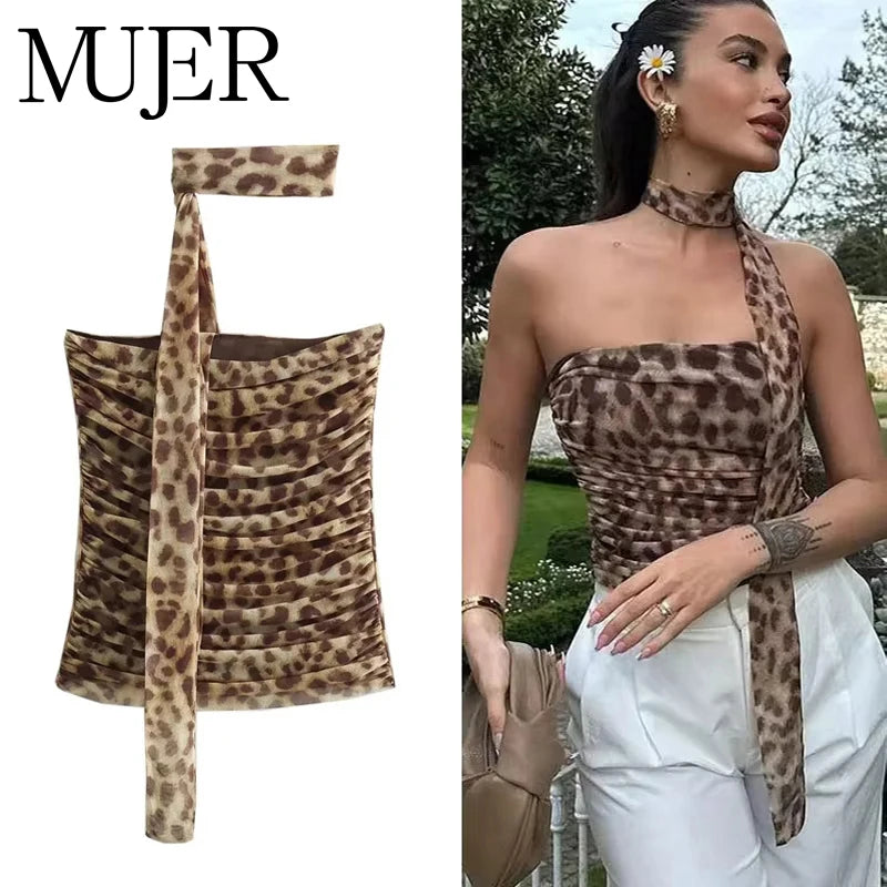 MUJER Leopard Print Crop Top Woman Ruched Tulle Corset Top Women off