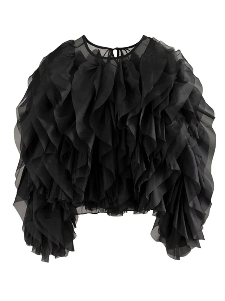 TWOTWINSTYLE Elegant Patchwork Ruffles Chiffon Blouses Women O Neck