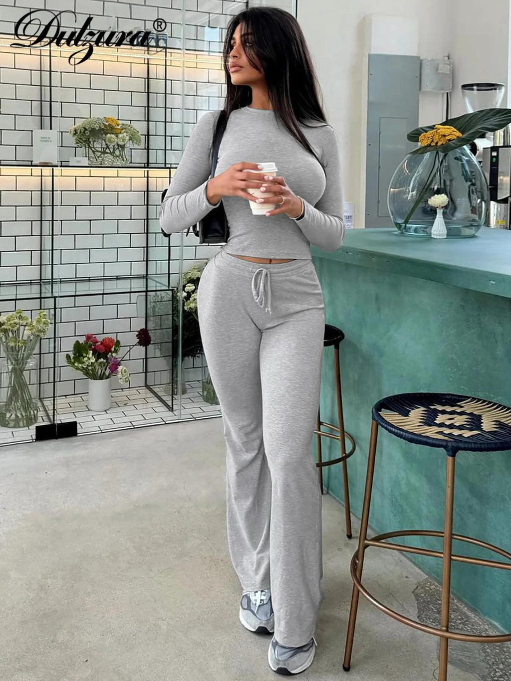 Dulzura Women’S Casual 2 Piece Pants Set Long Sleeves Bodycon Crop Top