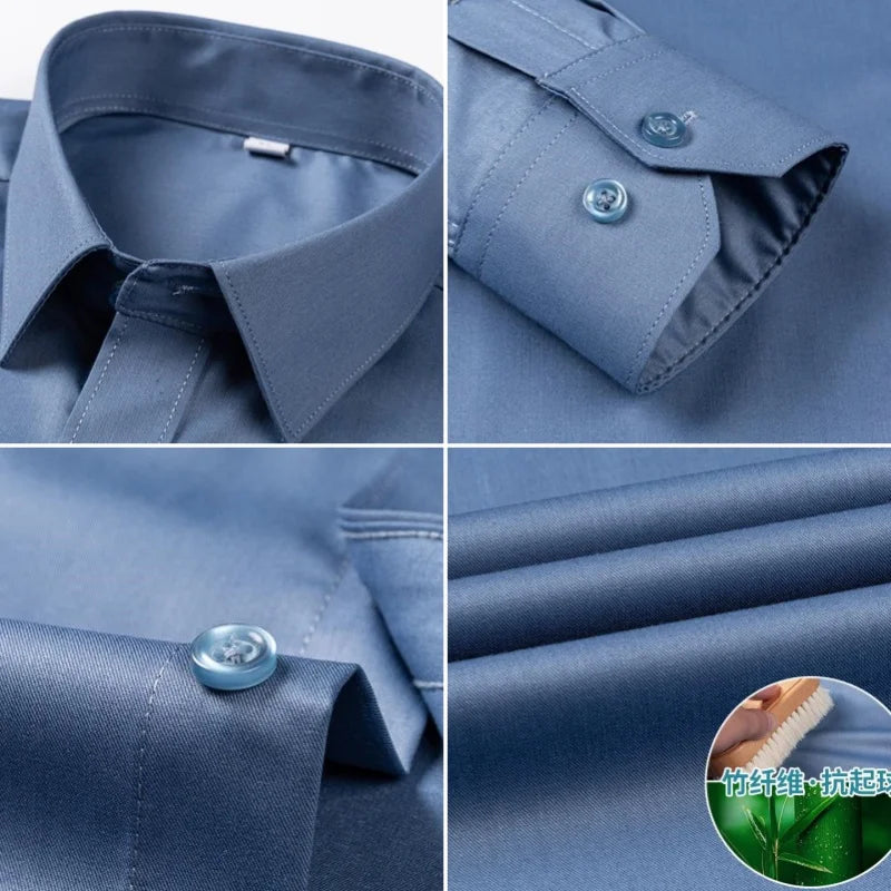 Quality Stretch Men Shirt Bamboo Fiber Long Sleeve Anti-wrinkle