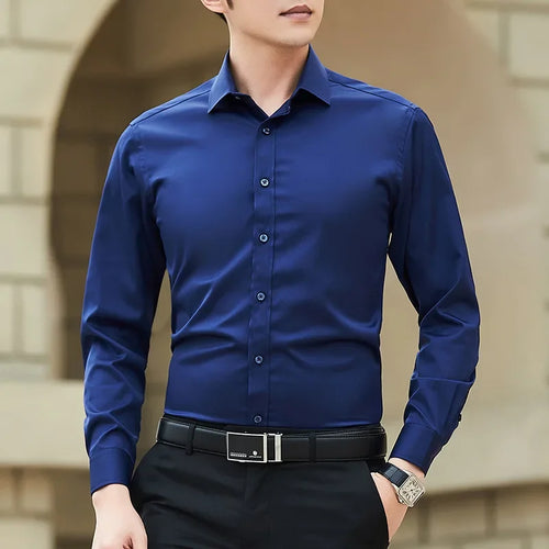 New Plus Size 8XL Men Solid Color Business Shirt Long Sleeve Shirt