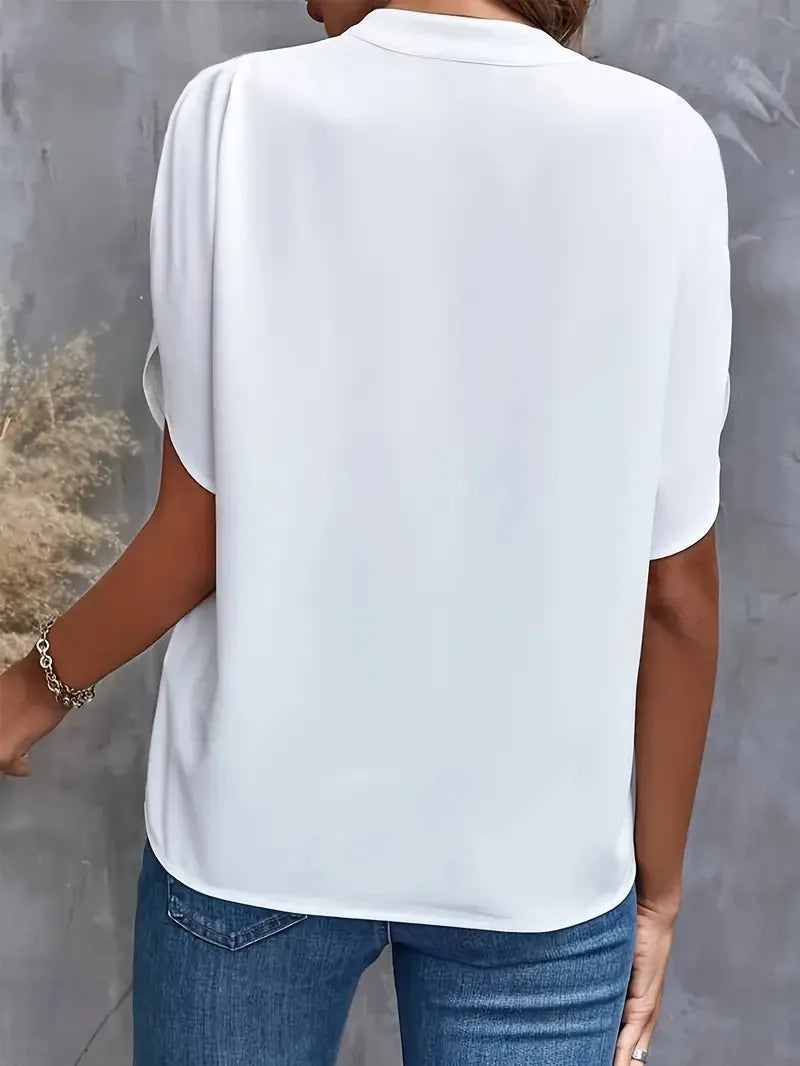 Summer Elegant Women's Blouse New V-neck Short Sleeve Solid Color