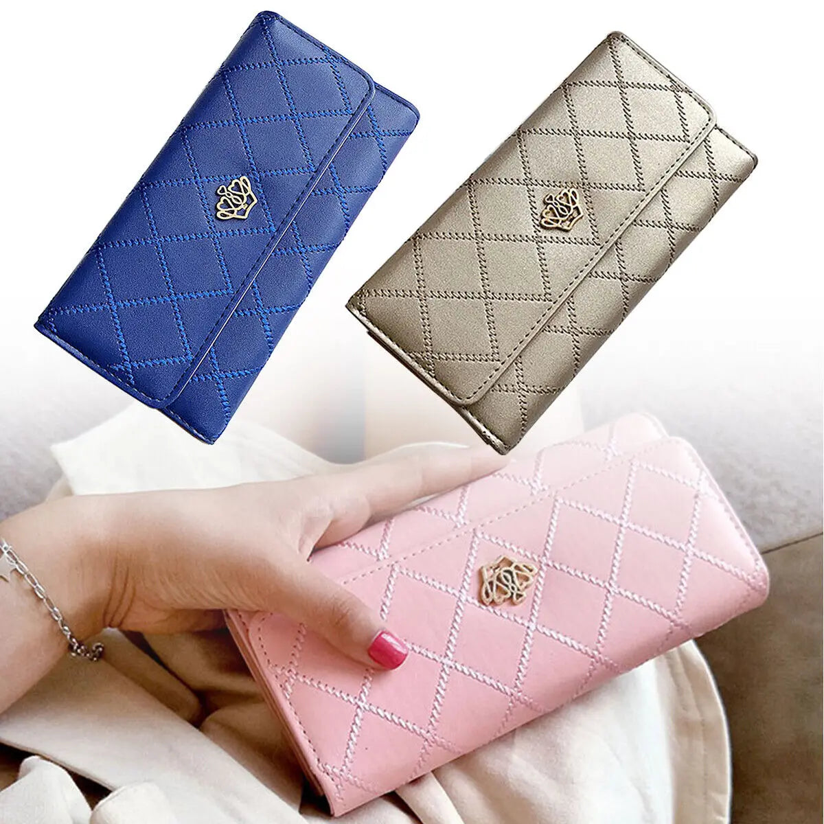 Black Long Wallets for Women PU Leather Diamond Pattern Purse Card