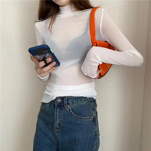 Sexy Women T Shirt See Through Transparent Mesh Tops Long Sleeve Sheer