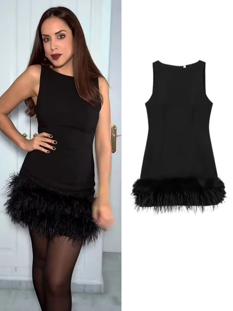 TFMLN 2024 New Elegant Women Feathers Mini Dresses Sexy Slim