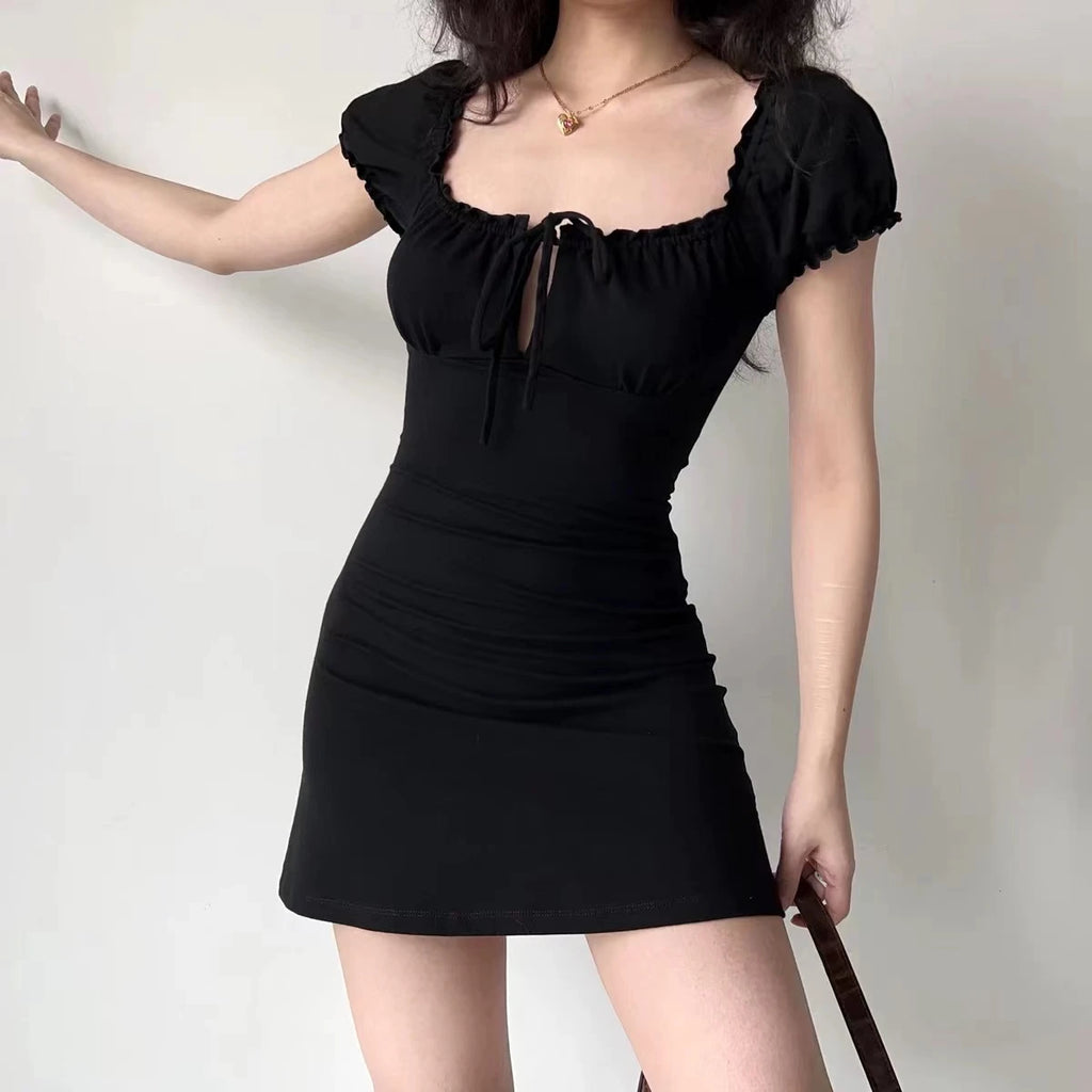 Summer Sexy Mini Dress Women Short Sleeved Lace up Hollow Casual