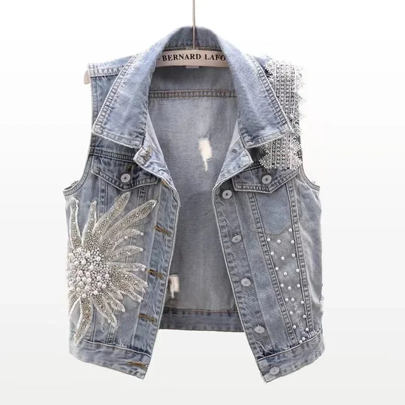 fashion Lace Beaded Denim Vest Women Cardigan 2024 New spring