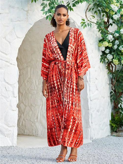 Long Kimono Swimsuit Cover up for Women Stylish Tie Dye Open Front